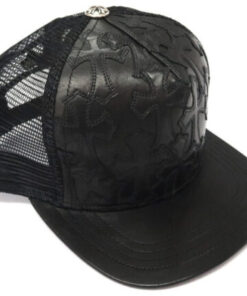 Chrome Hearts Cemetary Cross Leather Stitched Trucker Hat – Black