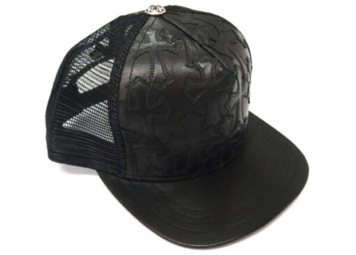 Chrome Hearts Cemetary Cross Leather Stitched Trucker Hat – Black